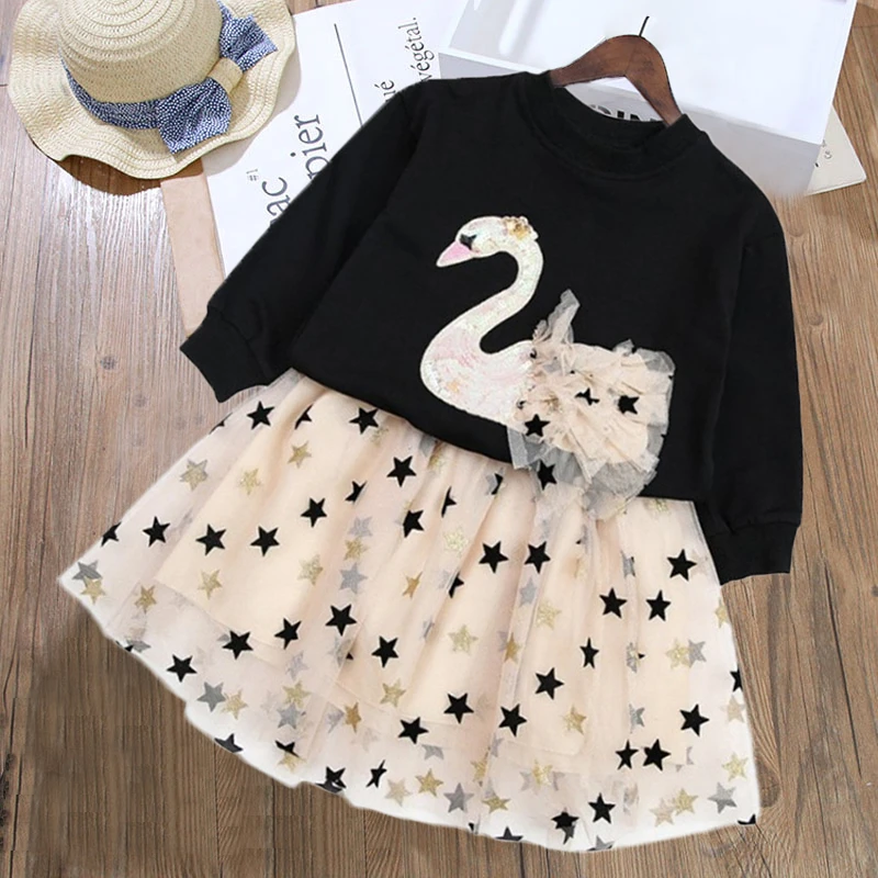 LZH Children Clothing Swan T-shirt+Star Mesh Skirt 2pcs Suit Outfit Winter Toddler Girls Clothes Kids Tracksuit For Girls Sets