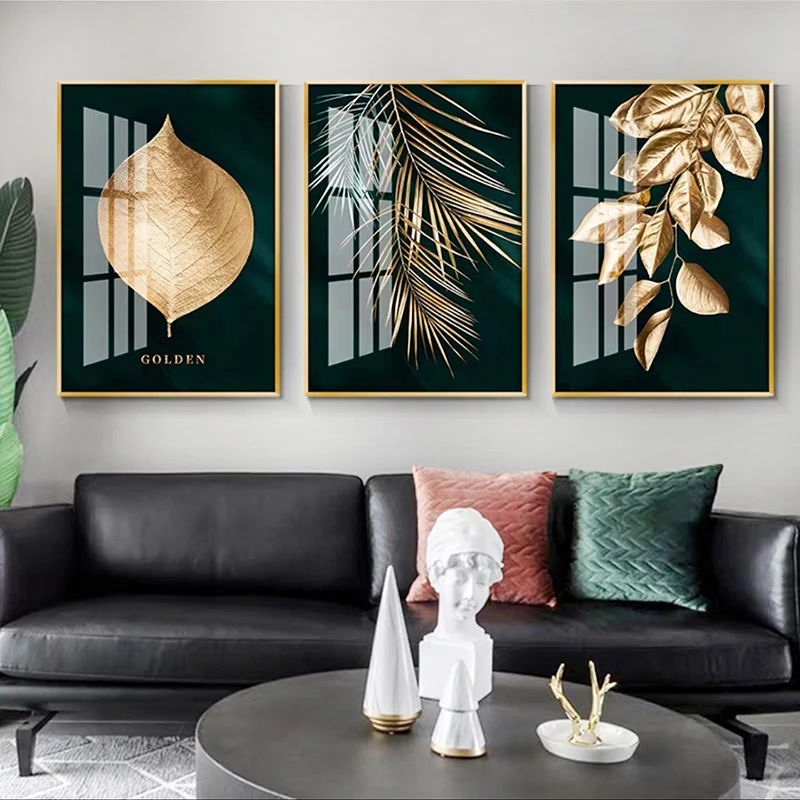 Golden Plant Leaves Abstract Picture Wall Poster Modern Style Canvas Print Art Painting for Aisle Living Room Unique Decoration