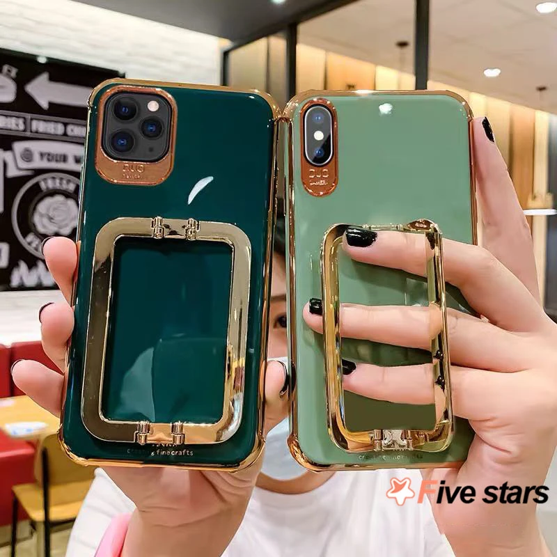 Luxury Electroplated Metal Square Support Phone Case For iPhone 11 12 Pro X XR XS Max 7 8 Plus Fashion Sexy soft cover Funda