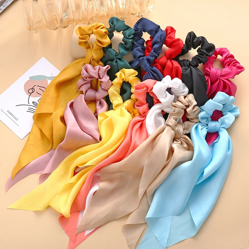 New Satin Bowknot Elastic Hair Bands For Women Girls Solid Color Scrunchies Headband Hair Ties Ponytail Holder Hair Accessories