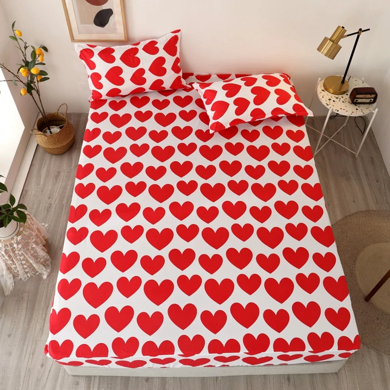 Bonenjoy 3 pcs Fitted Bed Sheet with Pillowcase Red Heart Printed White Color drap housse 180x200cm Sheet on Elastic