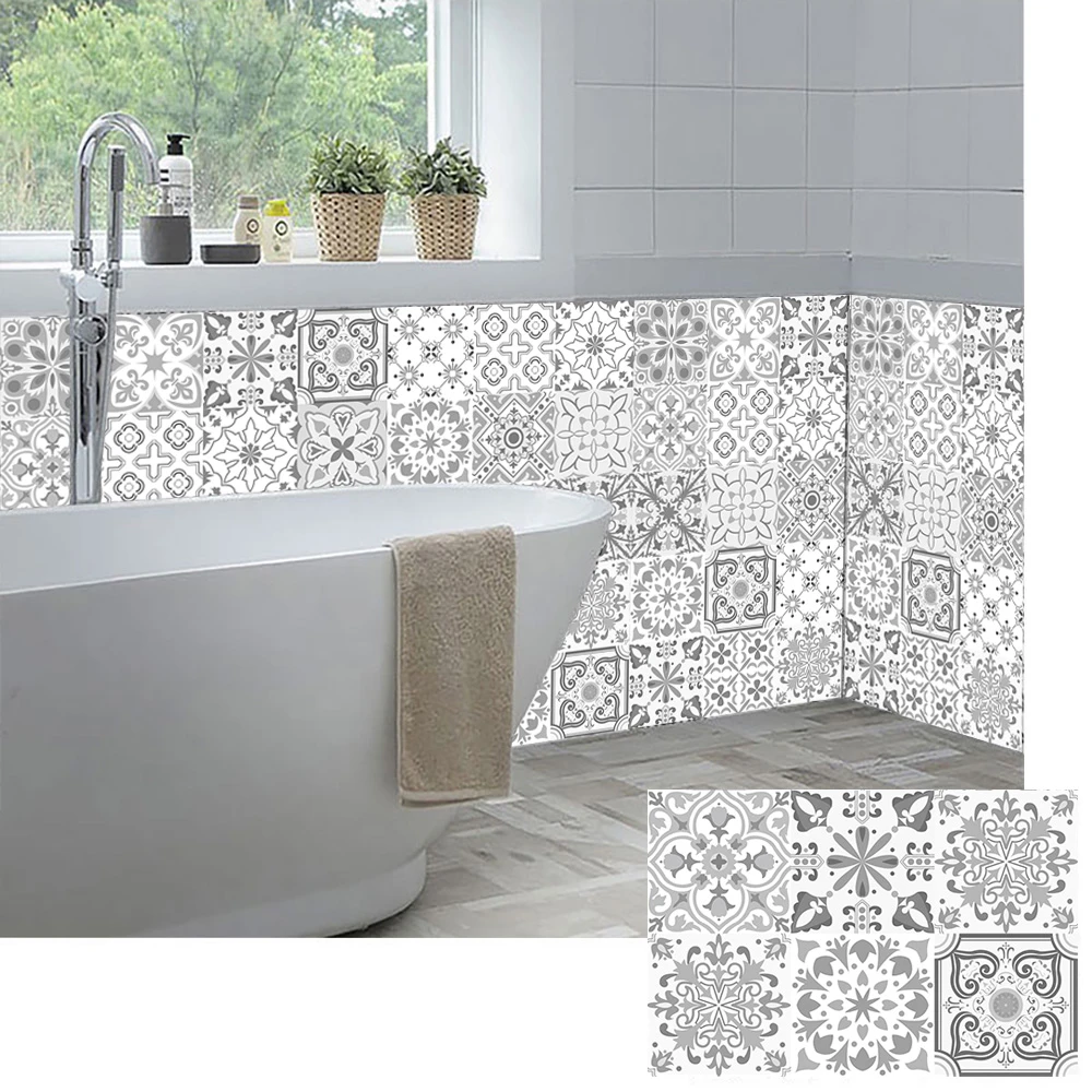 10/15/20/30cm Light Gray Strip Tiles Wall Sticker Bathroom Kitchen Tables Decoration Wallpaper Peel & Stick Waist Line Art Mural