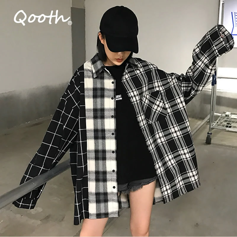 Qooth Women's Loose Plaid Blouse Spring Long Sleeve Student Check Blouses Casual Vintage Lady Tops Shirt Black Tops QH2220