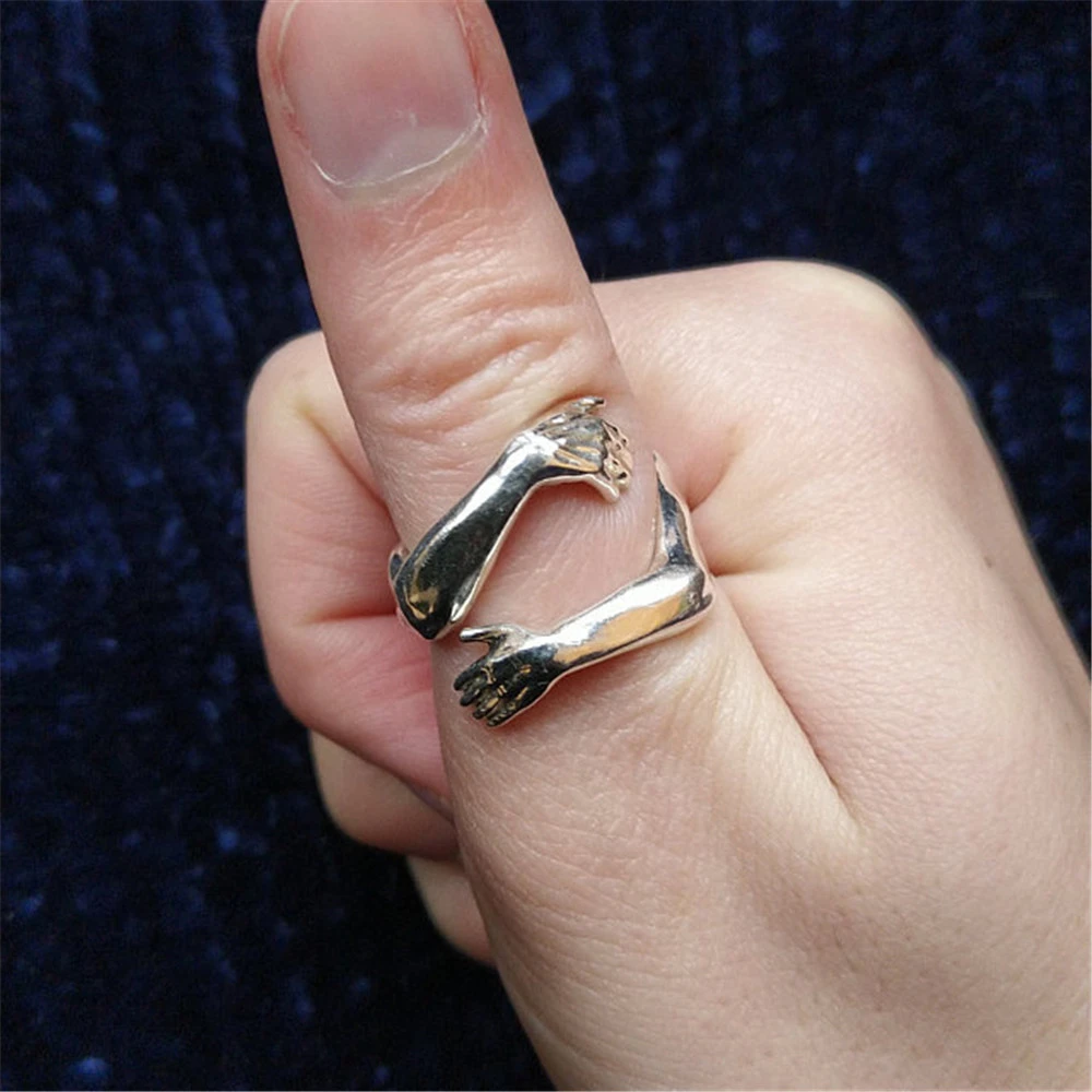 Simple Design Silver Color Love Hug Open Ring For Women Cute Creative Hands Embracing Adjustable Rings Men Party Jewelry A940