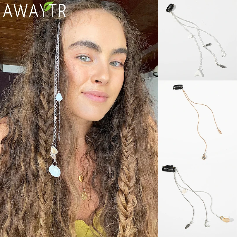 Fashion Elegant Women Lady Rhinestone Shell Crystal Tassel Long Chain Beads Dangle Hairpin Hair Clip Hair Jewelry Accessories