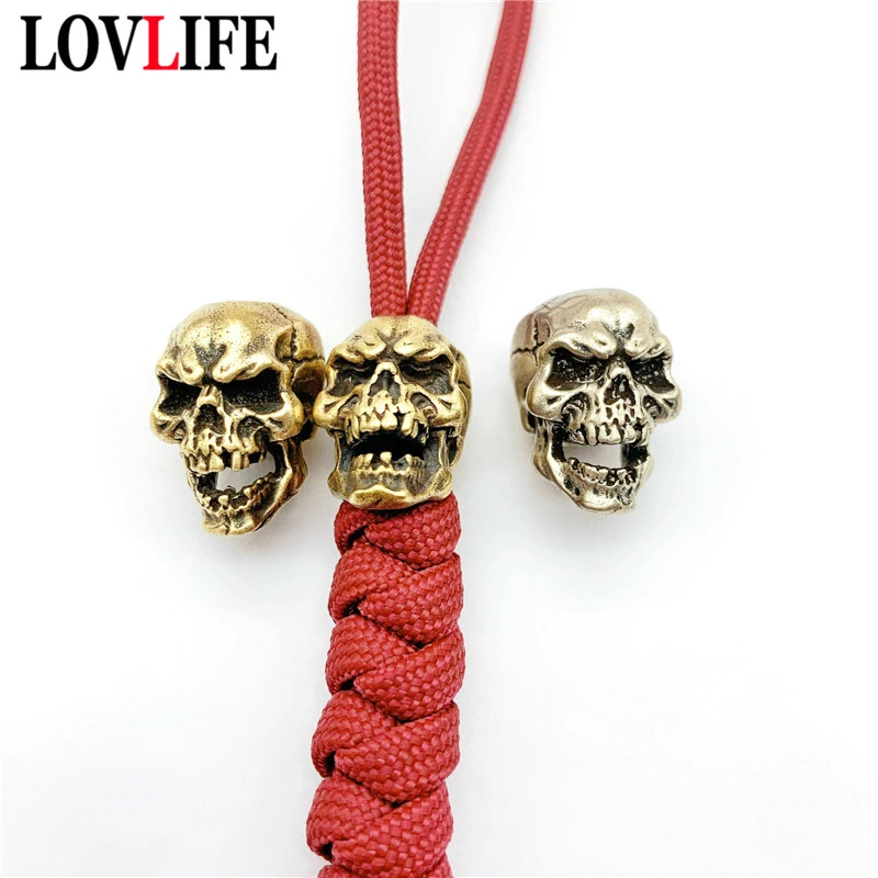 Punk Brass Skull Knife Beads Umberalla Rope Bead White Copper Retro Skull Face Paracord Bead Car Keychains Hanging Pendant Gifts