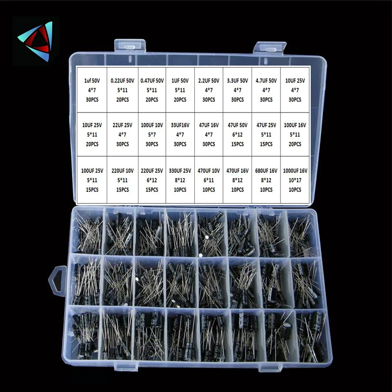 500Pcs/lot 0.1UF-1000UF 24Values Aluminum 16-50V Mix Electrolytic Capacitor Assorted Kit And Storage Box