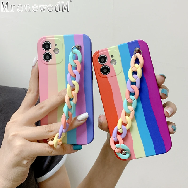 MrenewedM 13 Pro Max Cute Rainbow Bracelet Phone Case For iPhone 11 12 XR XS Color Wrist Chain Protection Cover On SE2 7 8 Plus