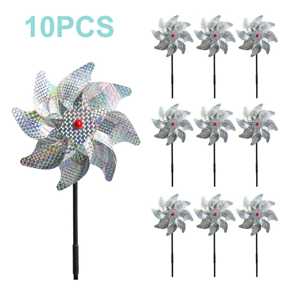 10pcs Bird Repeller Pinwheels Reflective Sparkly Bird Deterrent Windmill Protect Garden Plant Flower Garden Lawn Decoration