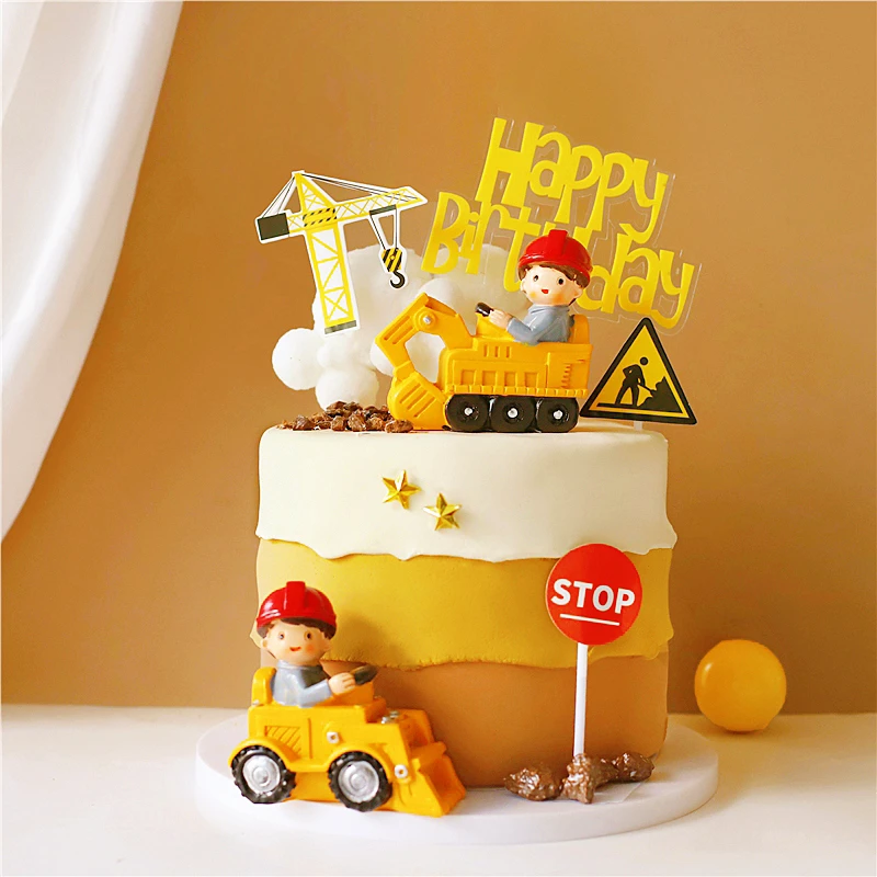 Engineering Construction Vehicle Decoration Traffic Sign Star Cake Topper for Boy's Birthday Party Baking Supplies Gifts
