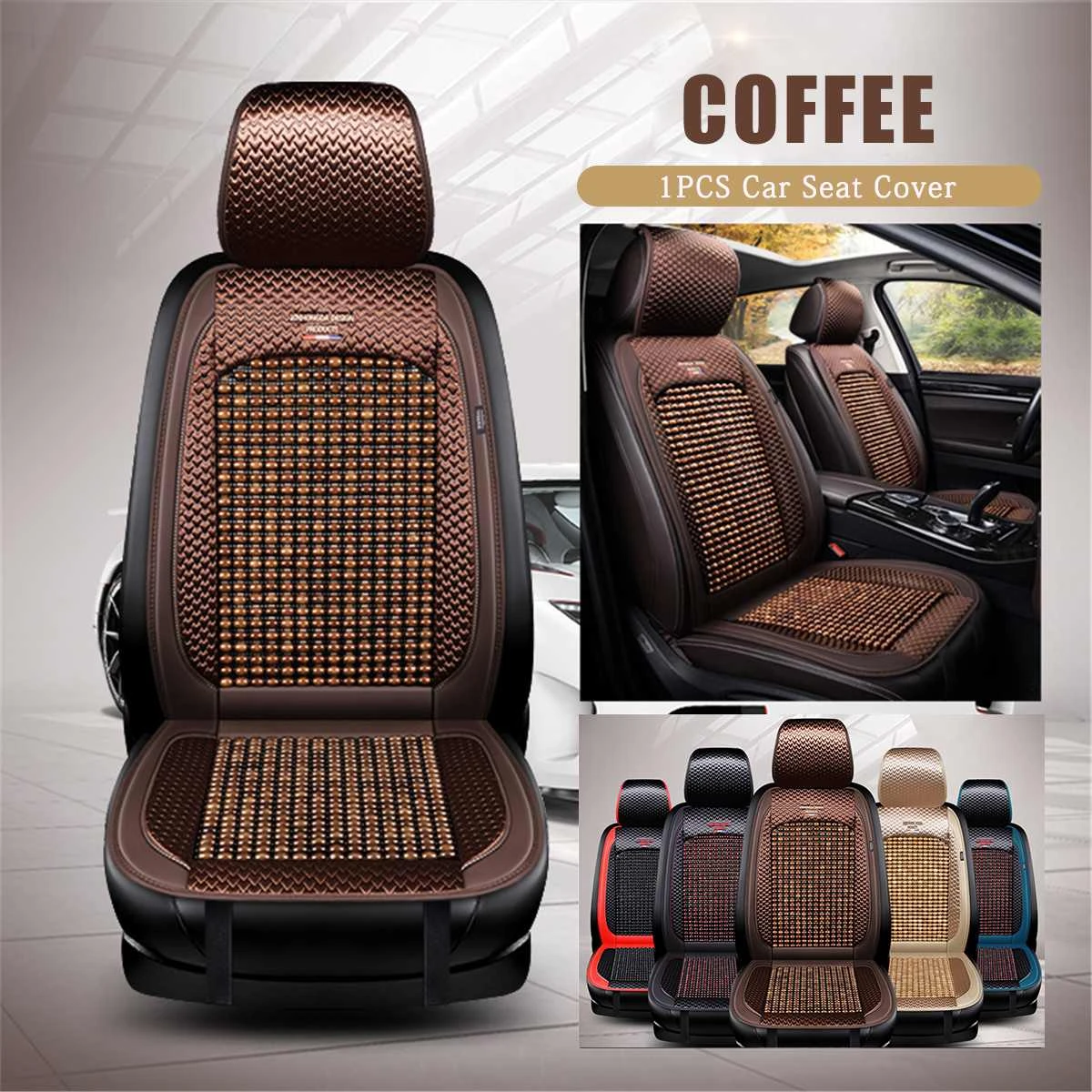 Summer Cooling Auto Front Seat Cushion Protector Universal Beads Leather + Bamboo Car Seat Covers Breathable