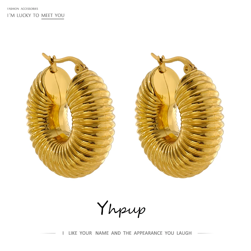 Yhpup Trendy Round Chunky Hoop Earrings Gold Color Stainless Steel Bijoux Ete 2021 Jewlery New Metal 18 K Earrings Accessories
