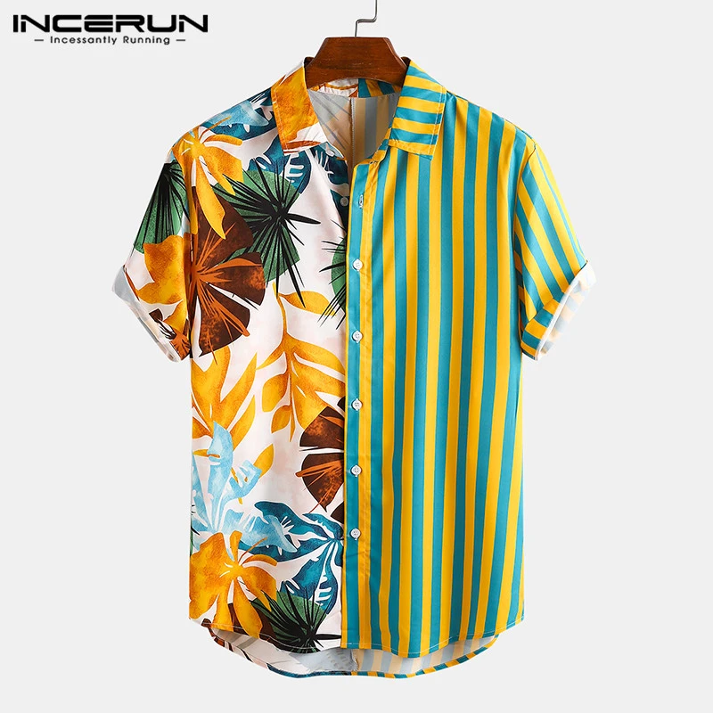 Fashion Men Hawaiian Shirt Short Sleeve Streetwear Print Striped Patchwork Summer Chic Blouse 2021 Beach Camisas INCERUN S-5XL