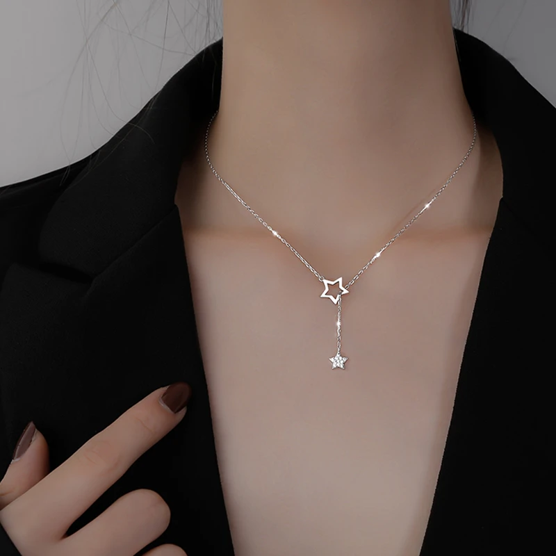 New 925 Sterling Silver Stars AAA Zirconia Chain Necklace Shiny star Pendants Necklace For Women Gift Fine Jewelry NK060