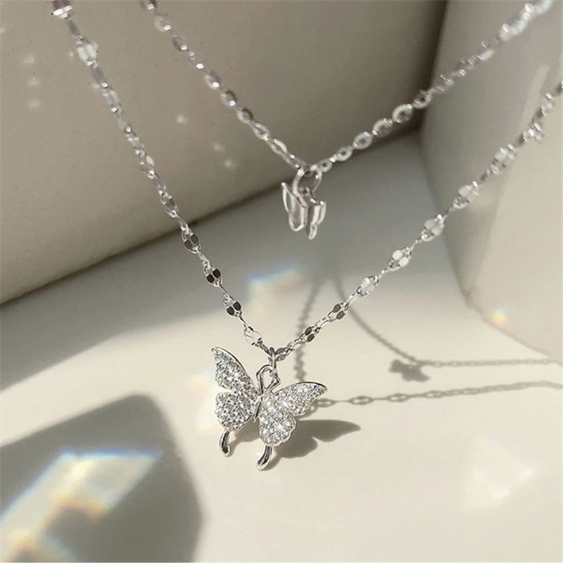 Silver Colour Shiny Butterfly Necklace Female Exquisite Double Layer Pendant Clavicle Chain Necklace Wedding Party Jewelry Gifts