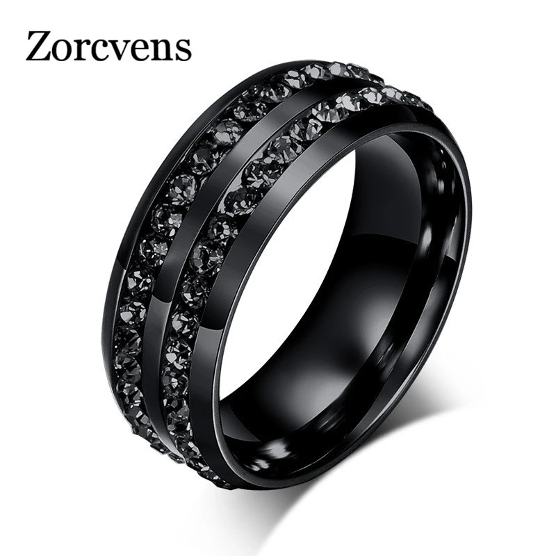 ZORCVENS High Quality Male Punk Vintage Black Stainless Steel Jewelry Two Rows CZ Stone Wedding Ring for Man Woman