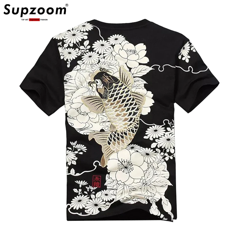 2020 New Arrival Hip Hop Knitted Tshirt Homme Hot Sale T Shirt Men Goods Embroidery With Short Carp Tattoo O-neck Cotton Casual
