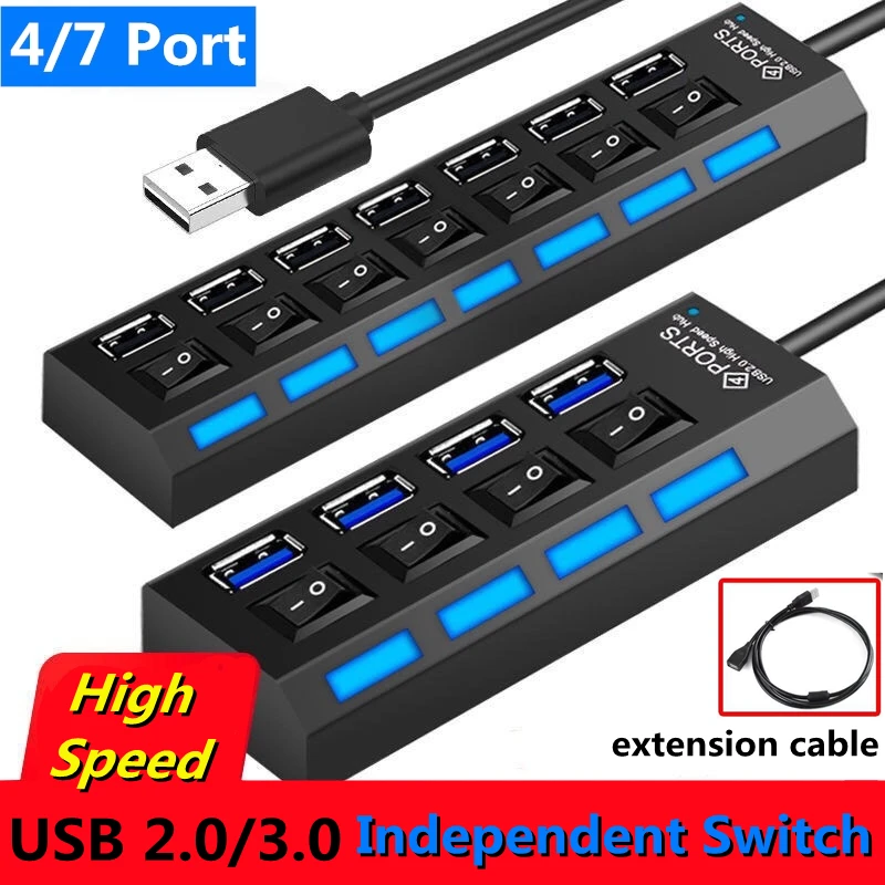 YelWong 4/7 Ports USB HUB 2.0 3.0 High Speed USB Splitter Expander Multi-Port Independent Switch for PC Laptop Mac Windows