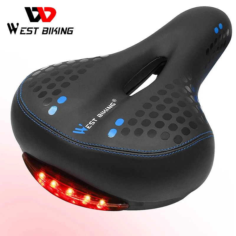 WEST BIKING Bicycle Saddle with Tail Light Thicken Widen MTB Soft Comfortable Bike Hollow Cycling Rear Seat Warning Lamp 3 Modes