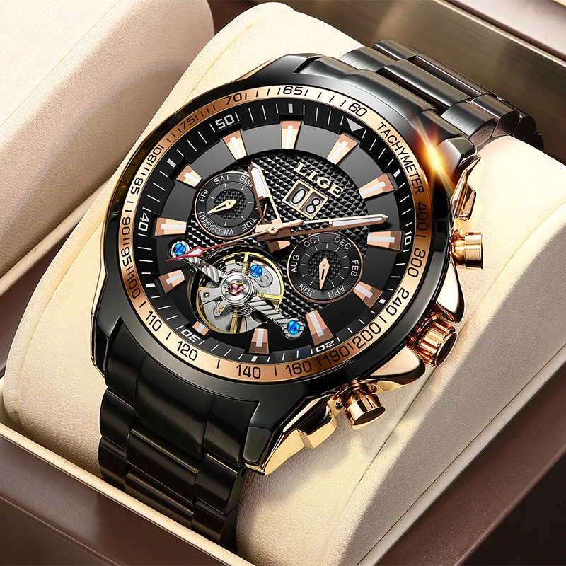 LIGE Sapphire Glass Automatic Watch Men Top Brand Luxury Full Steel Sport Mechanical Watch Fashion 100M Waterproof Men Watches