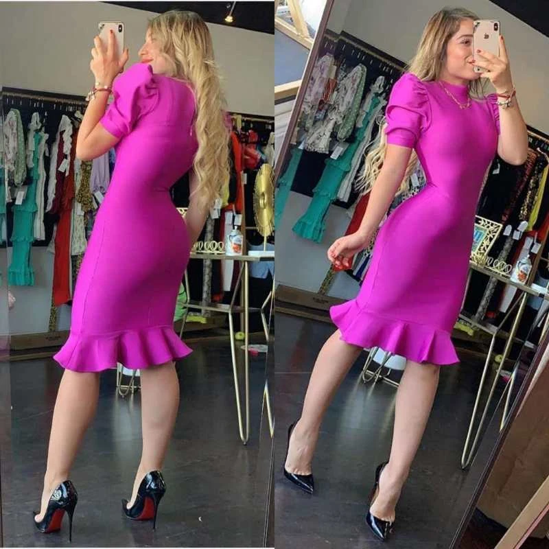 2020 New Autumn Women Bandage Dress O-Neck Ruffle Short Sleeve Fishtail Midi Bodycon Dress Elegant Celebrity Hot Pink Vestidos