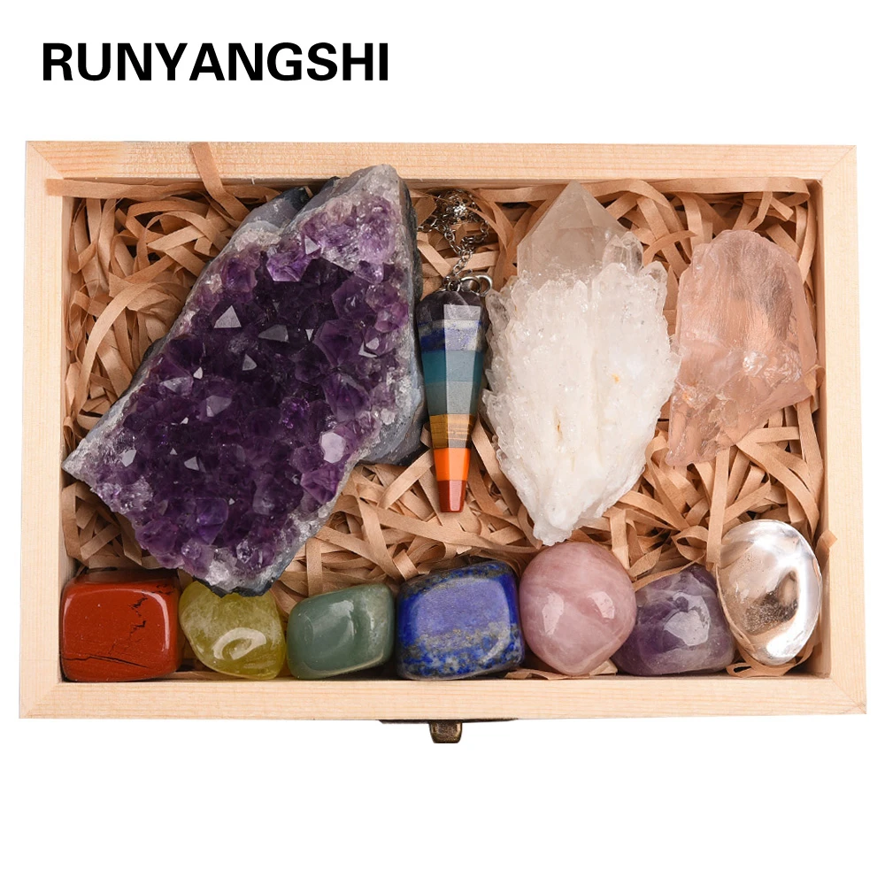 11pc Natural Amethyst Cluster Quartz Crystal Mineral Specimen Healing Stones Rough Ore Seven chakras therapy stone wooden gift