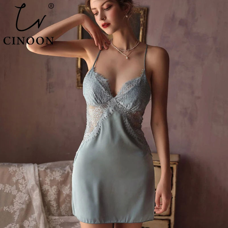 CINOON Women Nightgowns Sexy Lace Satin Sleepwear V-neck Nightdress With Chest Pads Homewear Thin Backless Lounge Soft Nightwear