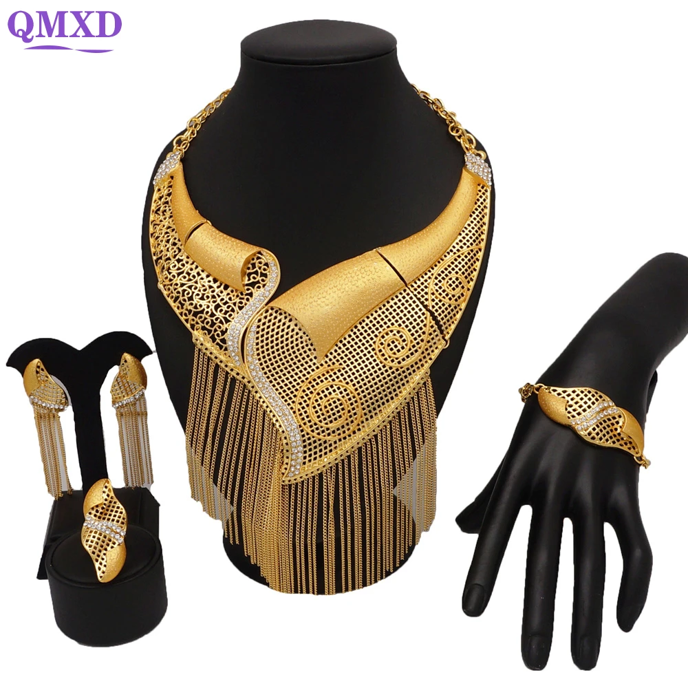 Dubai 24k Gold Big Jewelry Sets Women Wedding Long Necklace Ethiopian Set Traditional Long Jewellery