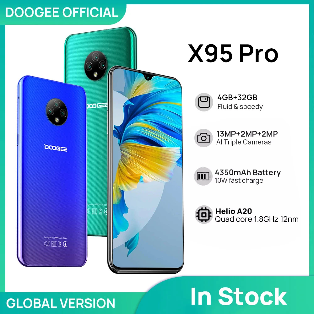 [In Stock] DOOGEE X95 Pro Global Smartphone Helio A20 4GB+32GB 13MP Triple Camera Cell Phone 4350mAh 6.52'' SmartPhones OTA