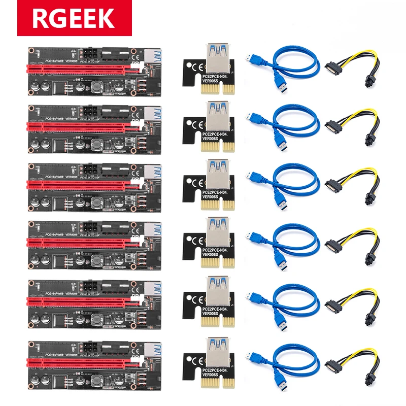 6pcs Newest VER009 USB 3.0 PCI-E Riser VER 009S Express 1X 4x 8x 16x Extender pcie Riser Adapter Card SATA 15pin to 6 pin Power