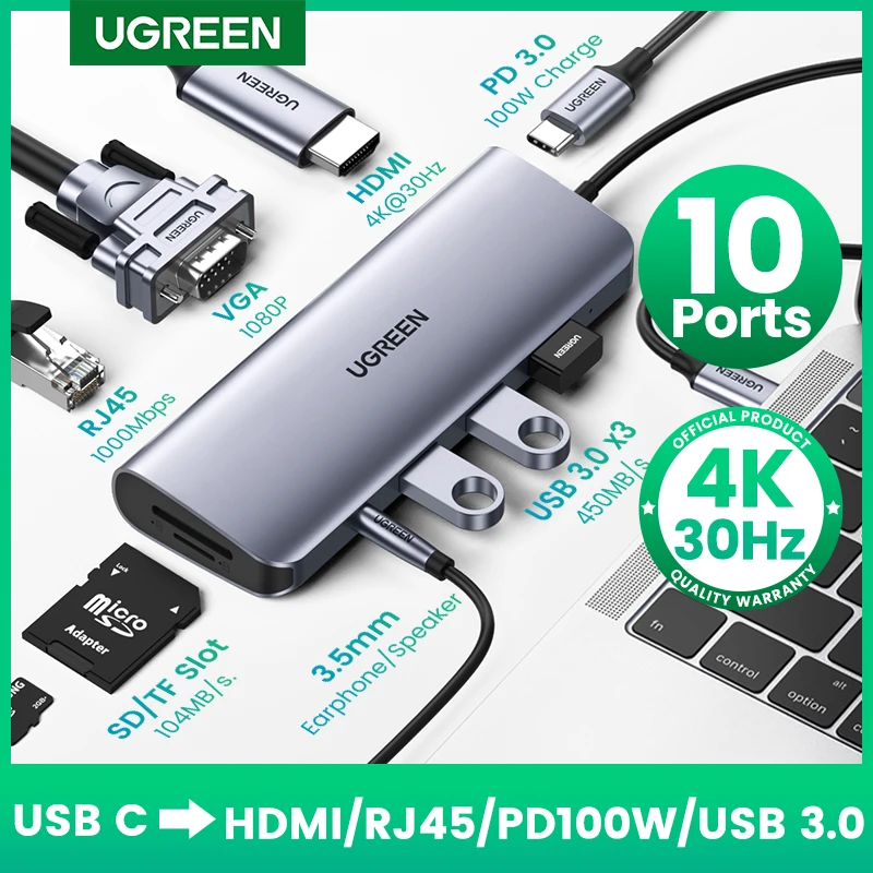 UGREEN USB C HUB 10 in 1 USB Type C to HDMI 4K USB 3.0 VGA PD 3.5mm Full Function HUB for MacBook/Pro/Air iPad Pro USB C HUB