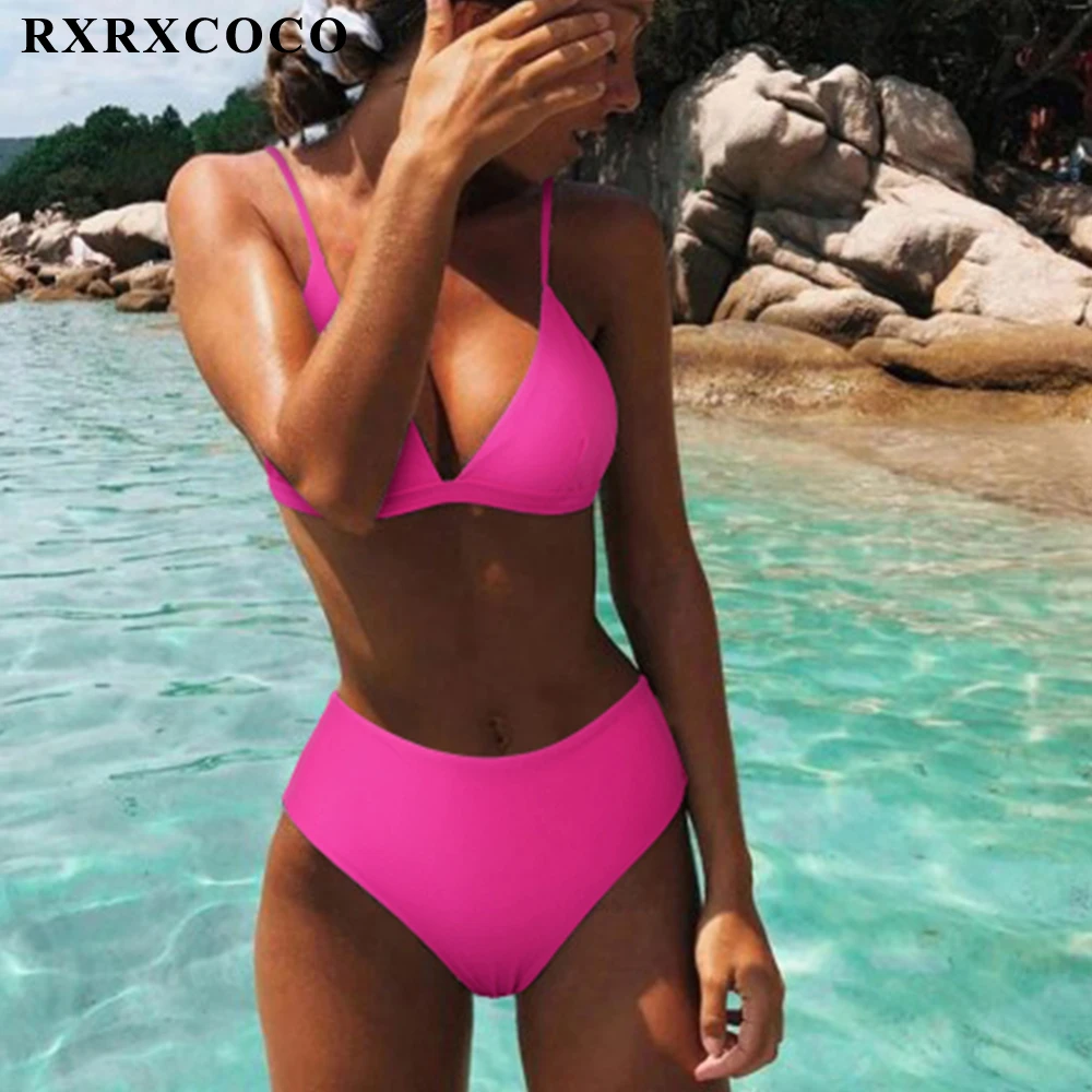 RXRXCOCO High Waist Swimwear Women Push Up Beachwear Solid Bathing Suit Sexy Animal Leopard Female Swimsuit Women Bikini 2021