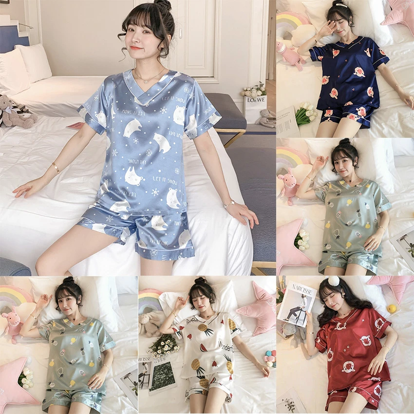 Summer Women Short Sleeve Pajamas Set Cute Sexy Lingerie Sleepwear Silk Plus Size Nightwear Animal Cartoon Home Clothes