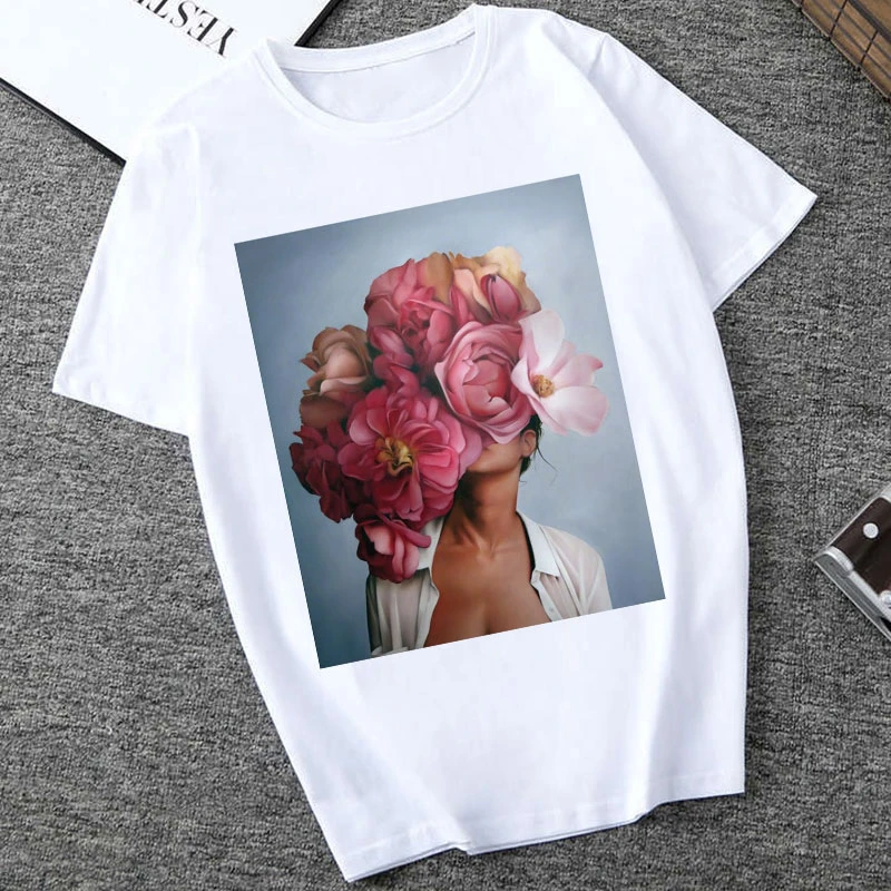 Fashion Camisetas 2019 Harajuku Aesthetics T Shirt Lady Flowers Feather Short Sleeve White Tops Tees Casual Couple T-shirt Mujer