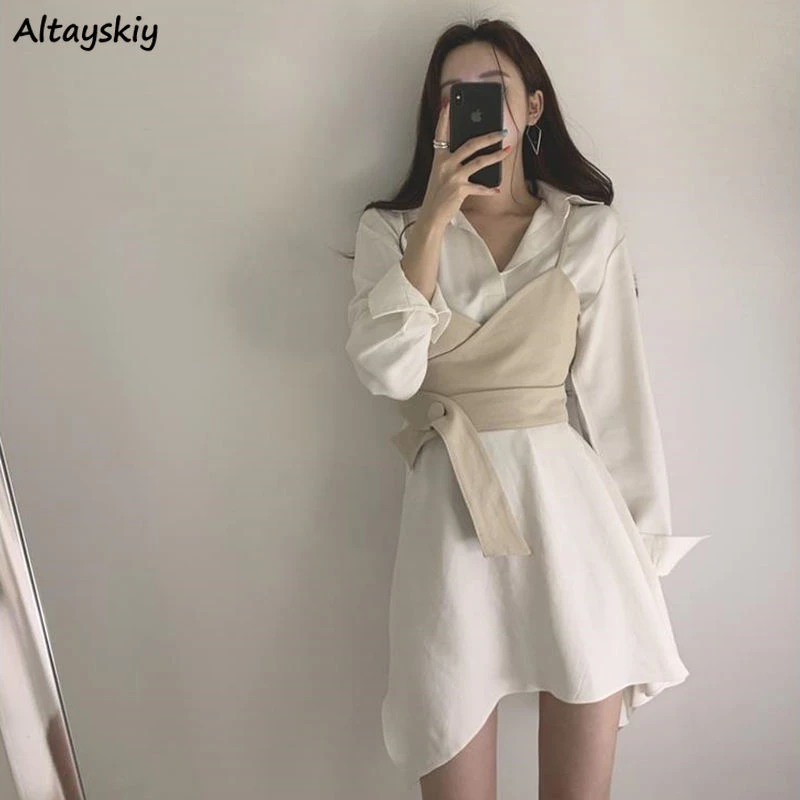 Dress Womens Autumn New Korean Style Long Sleeve Two Piece Trendy Elegant Irregular Slim Female Feminine Ladies Mini Dresses Hot