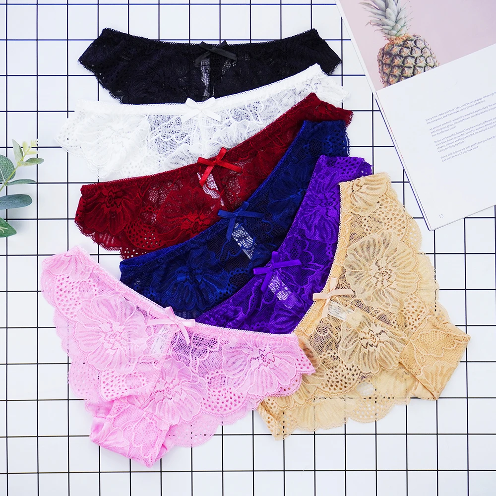 3Pcs/Set Full Lace Panties Low Waist Briefs Sexy Cute Bow Seamless Women's Underpants Transparent Underwear