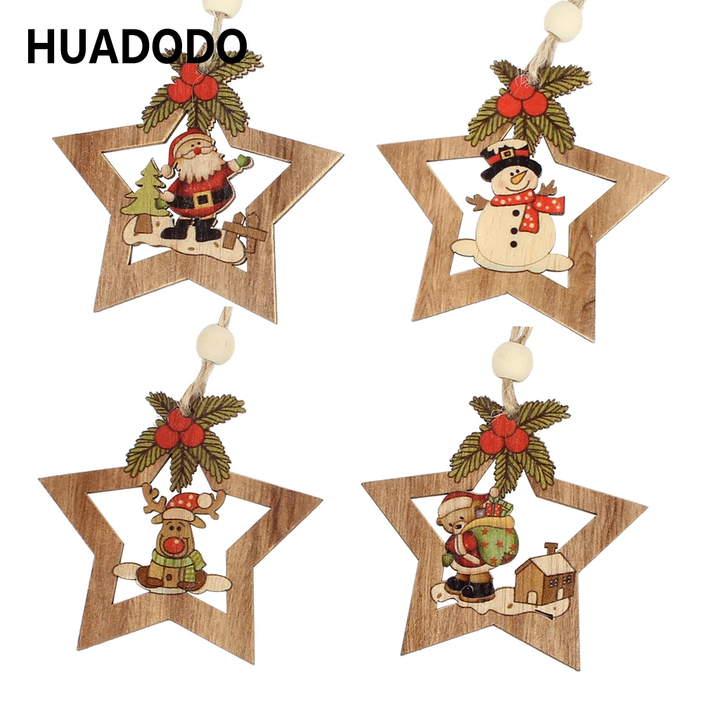 HUADODO 4Pcs Wooden Star Christmas tree decoration Pendants Ornaments for Christmas decoration Ornament New Year Kids Gift