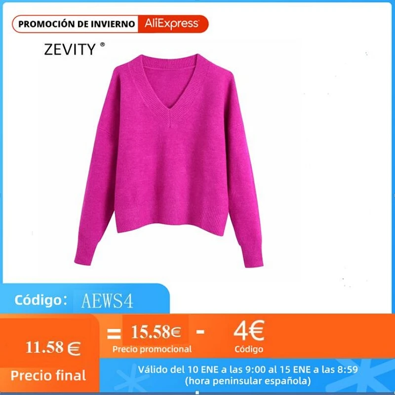 Zevity Women Simply V Neck Soft Touch Casual Purple Knitting Sweater Female Chic Basic Long Sleeve Pullovers Brand Tops SW901