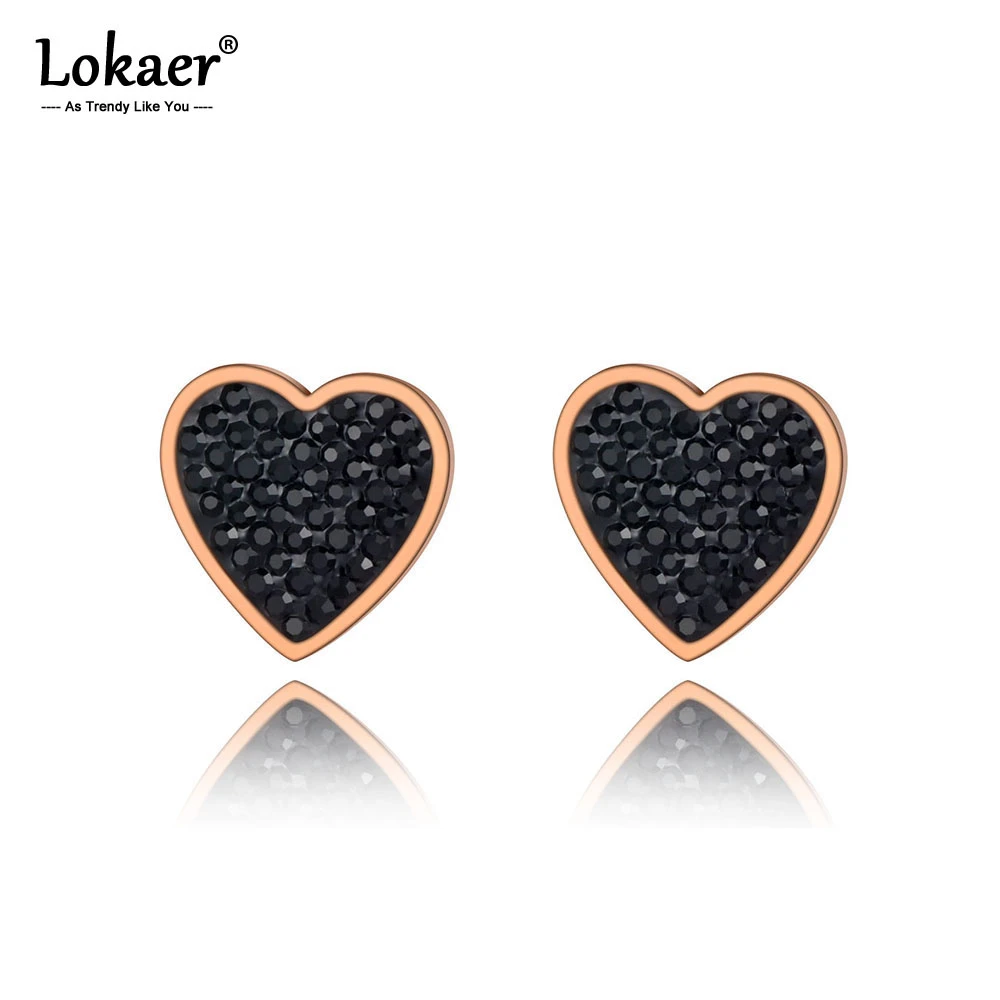 Lokaer Trendy Titanium Stainless Steel Black/White Rhinestone Earrings Jewelry CZ Crystal Heart Earrings For Women Girls E20036