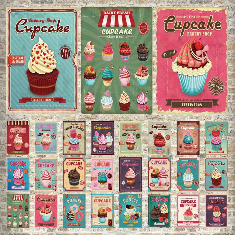 Cupcake Vintage Metal Poster Retro Ice Cream Metal Tin Sign Wall Art Decoration for Restaurant Diner Bistro Iron Painting Plate