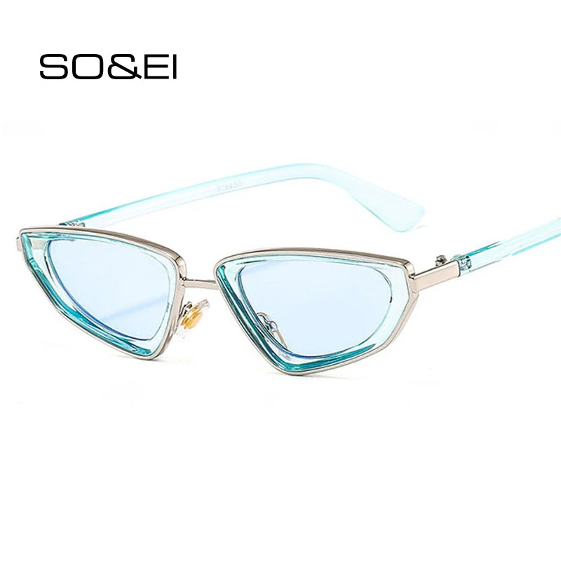 SO&EI Fashion Small Cat Eye Women Sunglasses Brand Designer Vintage Triangle Candy Color Female Sun Glasses Shades UV400 Men