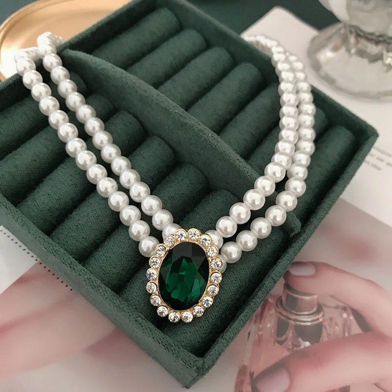 Elegant Green Pendant Charm Necklace, Romantic Pearl Choker Double-Layer Necklace Free-Shipping