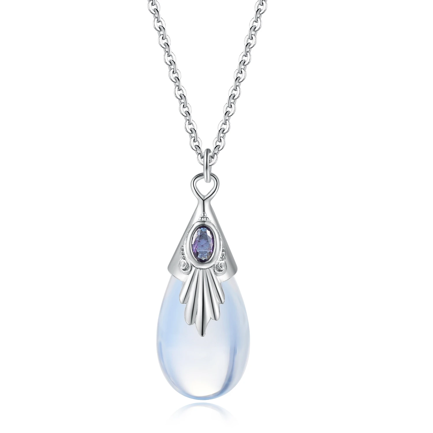 New Design Hot Sale Teardrop Semi-precious Moonstone Pendant Necklace For Women Zircon Silver Color Fashion Jewelry KAN195