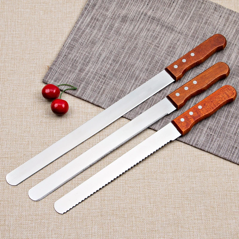 Wooden handle bread knife toast slicer serrated knife stainless steel cake spatula coarse tooth young tooth flat tooth baking to