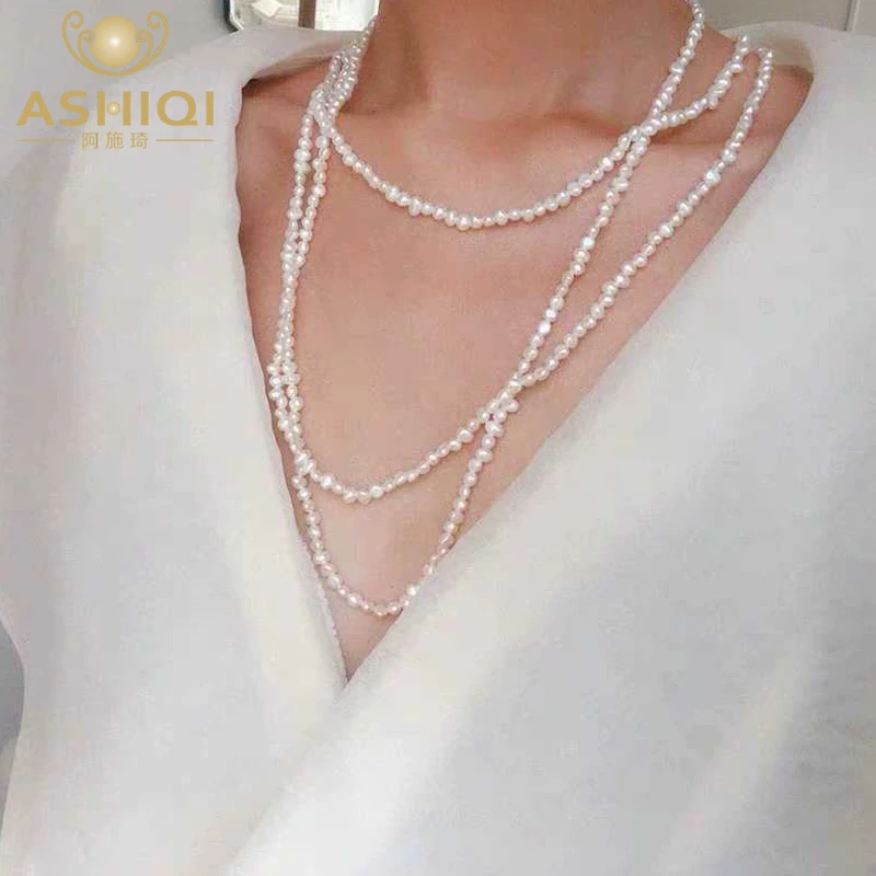 ASHIQI 160 cm Long Natural Freshwater Pearl Necklace For Woman Gift  Multiple Ways of Wearing Sweater Chain Jewelry