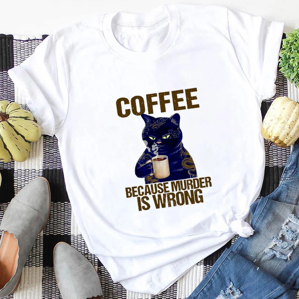 Coffee Cat Printed 100%Cotton Women's Tshirt Cat Mom Life Funny Summer Casual O-Neck Short Sleeve Tops Coffee Lover Gift