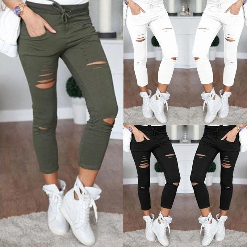 2021 Cargo Pants Women Fashion Slim High Waisted Stretchy Skinny Broken Hole Pencil Pants Solid Color Streetwear Trousers Womens
