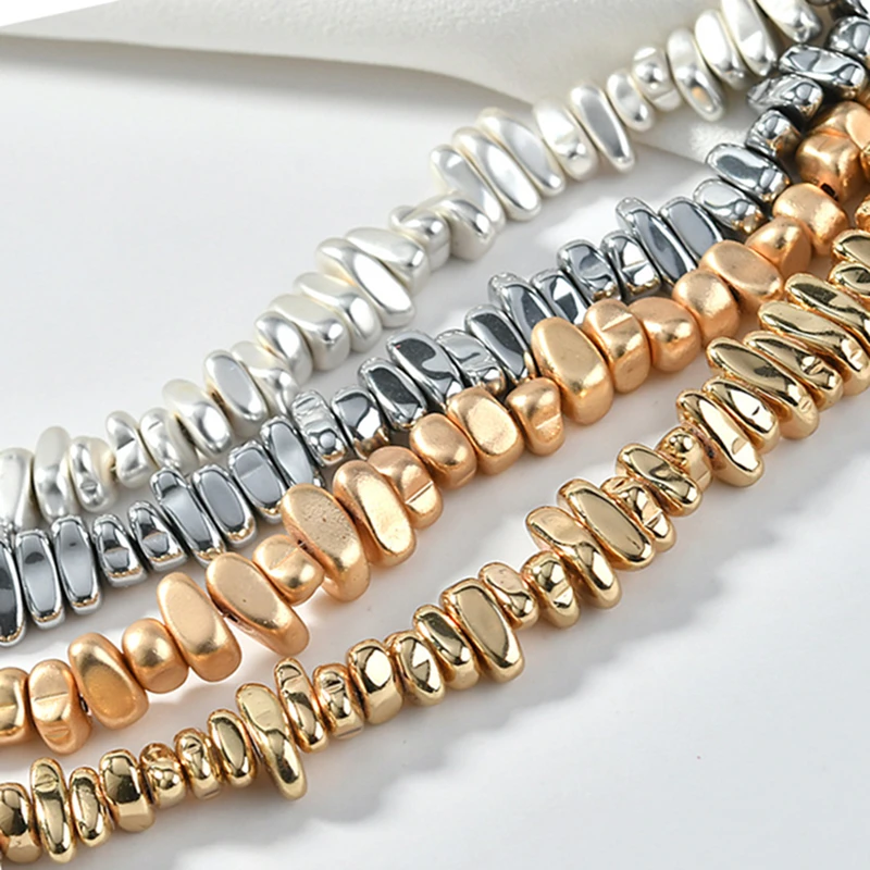 Natural Matte KC Gold Plated Hematite Stone Irregular Gravel Loose Spacer Beads for Jewelry Making DIY Beaded Bracelet 15''