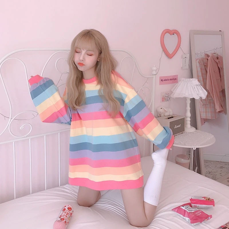 Harajuku Style Kpop Striped Loose Sweatshirt Women Spring Long Sleeve Pullover Kawaii Clothes Colorful Rainbow Student Girl Tops
