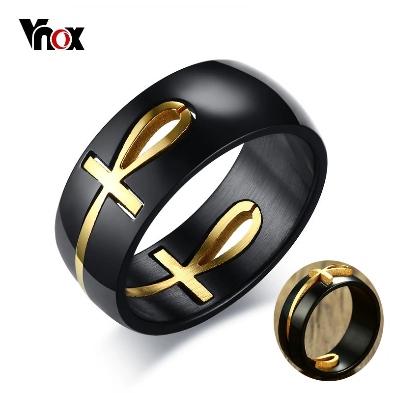 Vnox Men's Two Tones Removable Ankh Egyptian Cross Ring Stainless Steel Detachable Allah Male Religious Jewelry